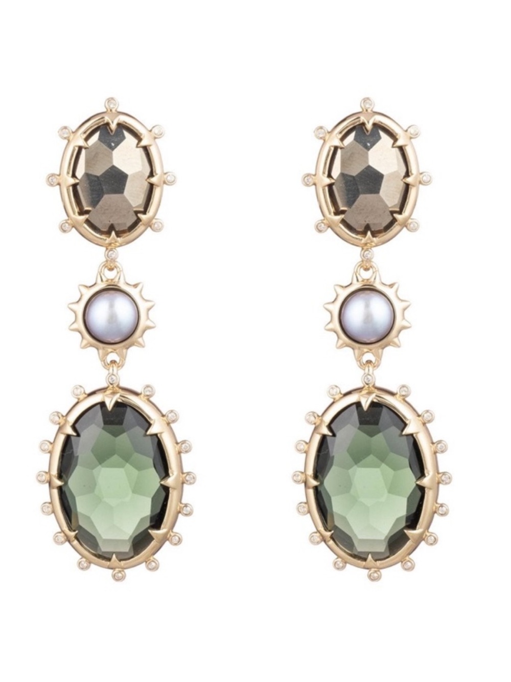 ALEXIS BITTAR • Gold Pearl Green Crystal Multi Stone Clip-on Statement Earrings